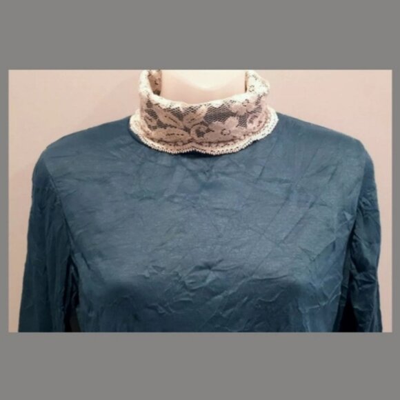 3/$20 Lace Trim Turtleneck Teal Top Long Sleeve Romantic Feminine Blouse - Picture 4 of 8